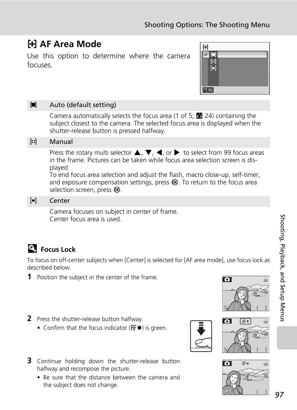 Af area mode, C 97), C 97 | Kaf area mode, Shooting options: the shooting menu, Focus lock | Nikon S50 User Manual | Page 109 / 156