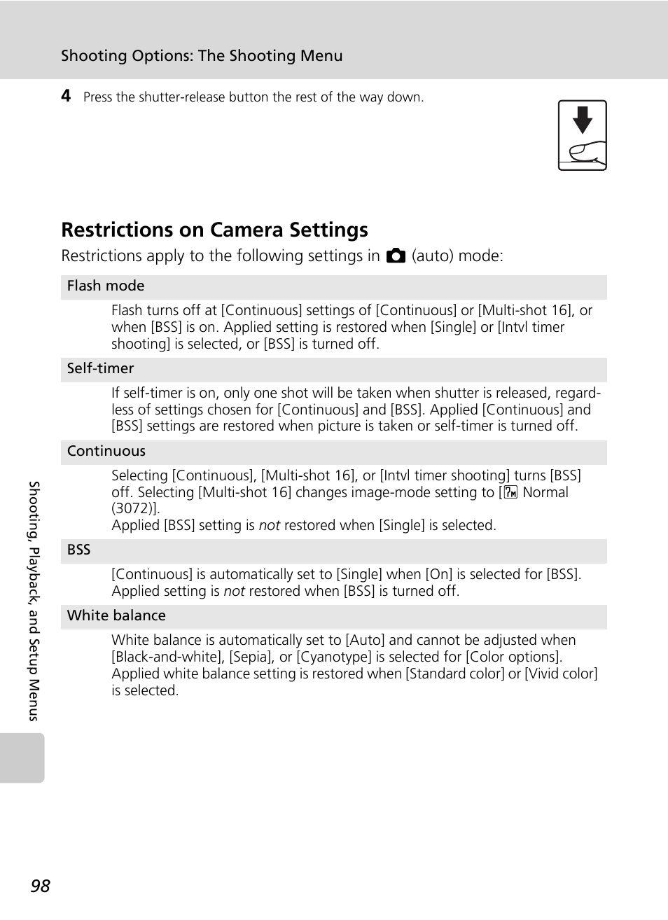 Restrictions on camera settings, C 98) | Nikon S50 User Manual | Page 110 / 156