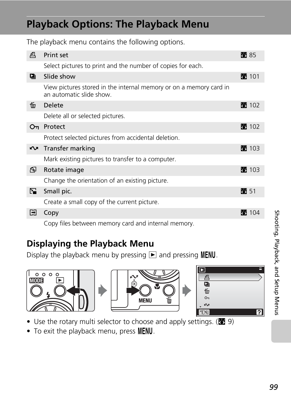 Playback options: the playback menu, Displaying the playback menu, Ck menu (c 99) | Nikon S50 User Manual | Page 111 / 156