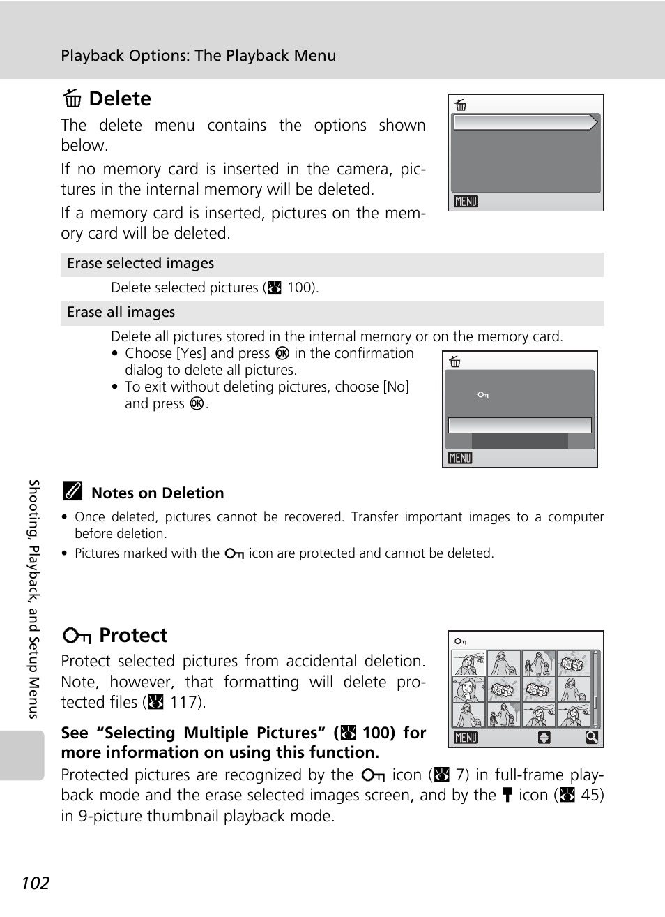Delete, Protect, C 102) | C 102) is, C 102, Adelete, Dprotect | Nikon S50 User Manual | Page 114 / 156