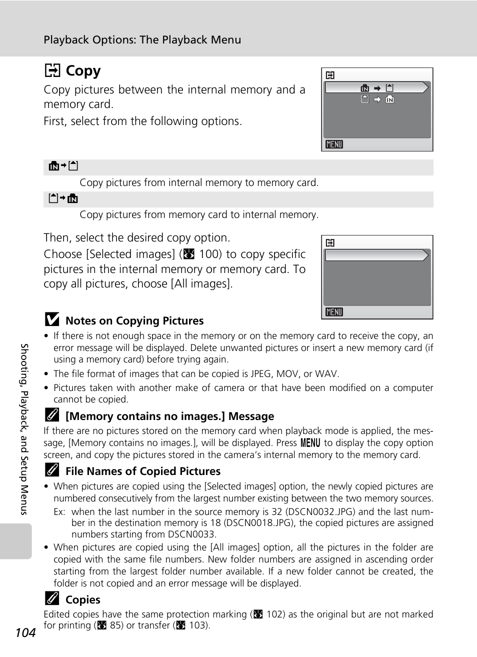 Copy, Card (c 104), Lcopy | Nikon S50 User Manual | Page 116 / 156