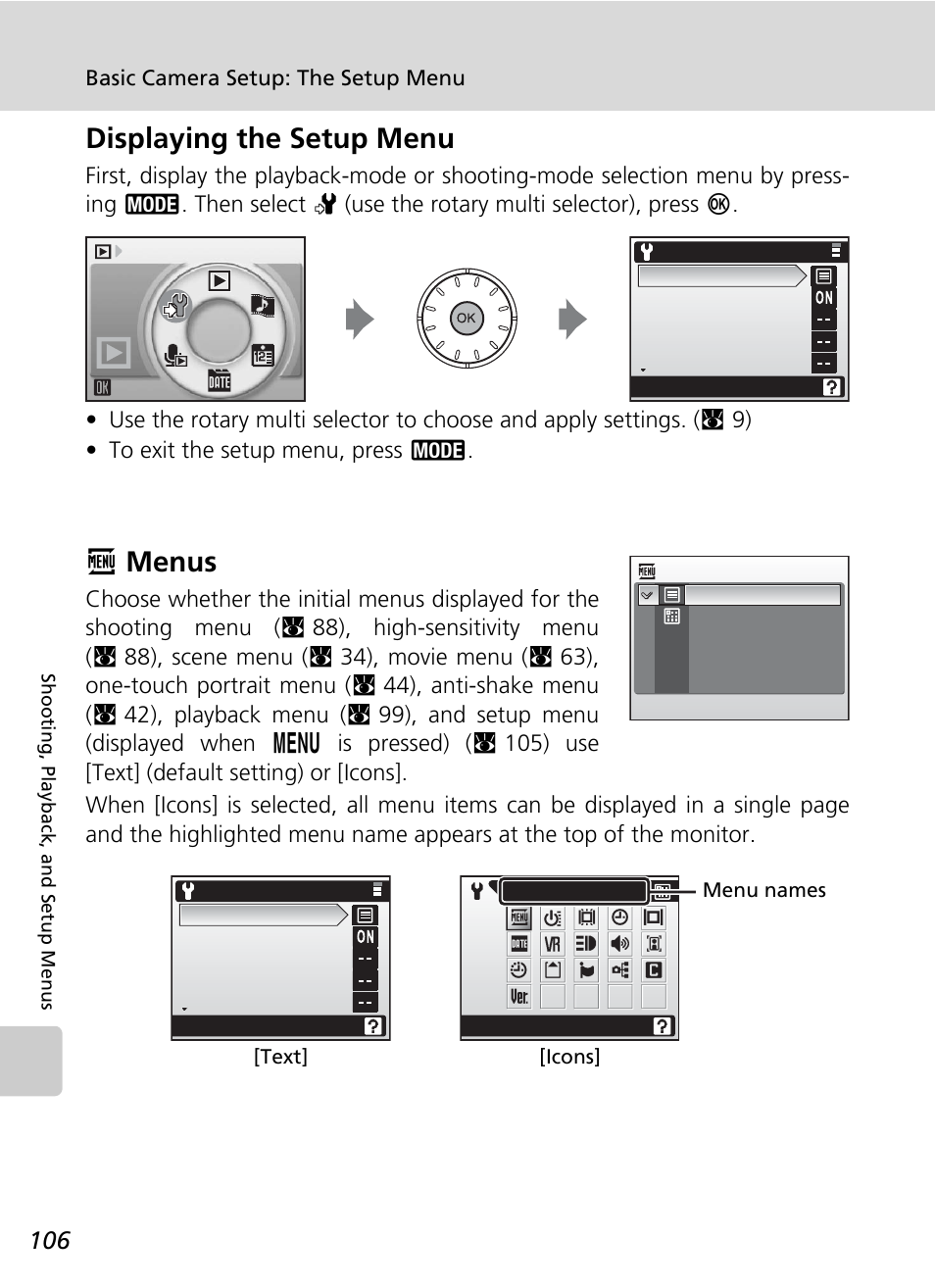 Displaying the setup menu, Menus, Displaying the setup menu r | Rmenus | Nikon S50 User Manual | Page 118 / 156