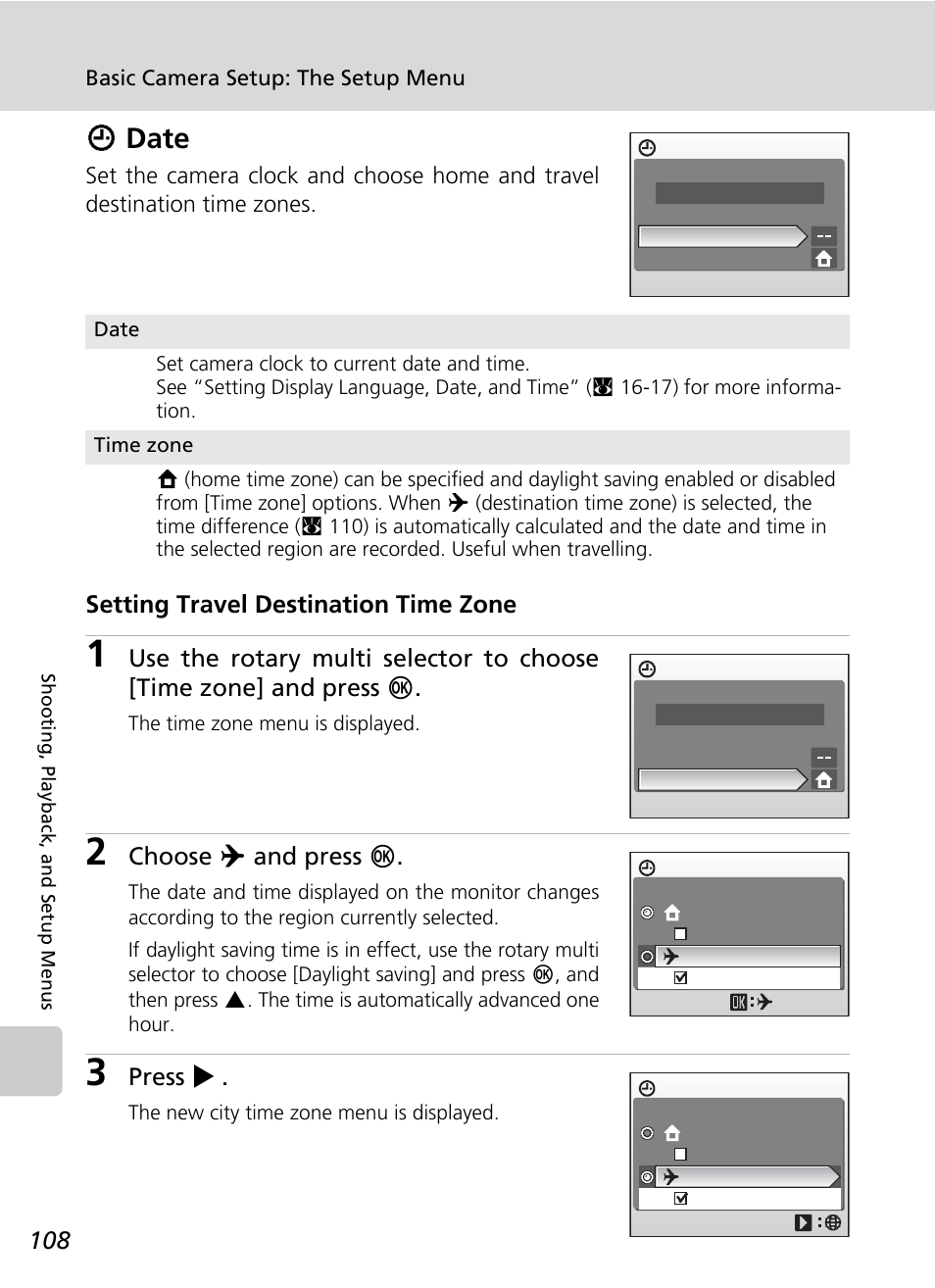 Date, Wdate, Setting travel destination time zone | Choose y and press d, Press j | Nikon S50 User Manual | Page 120 / 156