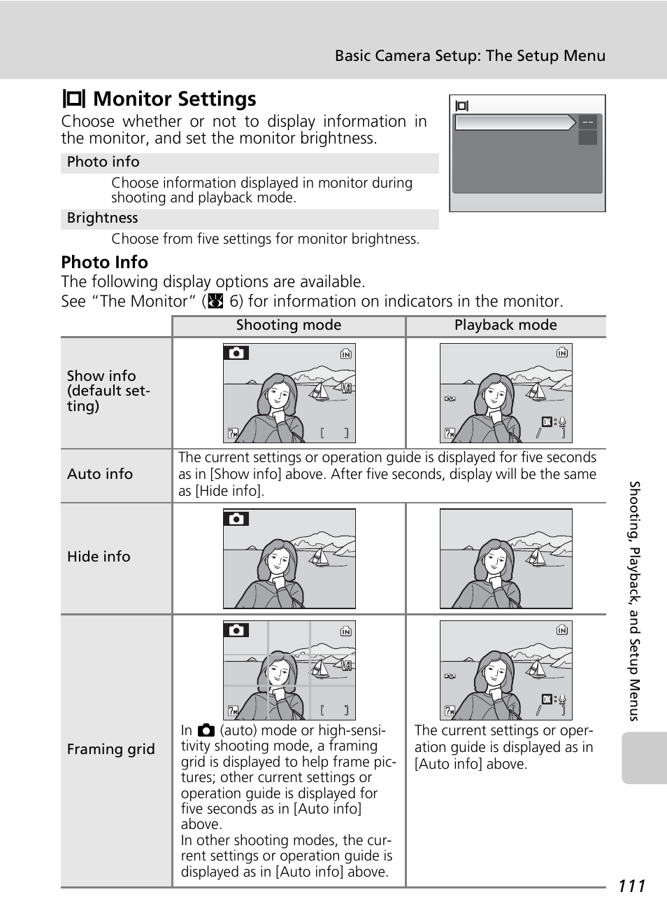 Monitor settings, Zmonitor settings, Photo info | Basic camera setup: the setup menu | Nikon S50 User Manual | Page 123 / 156