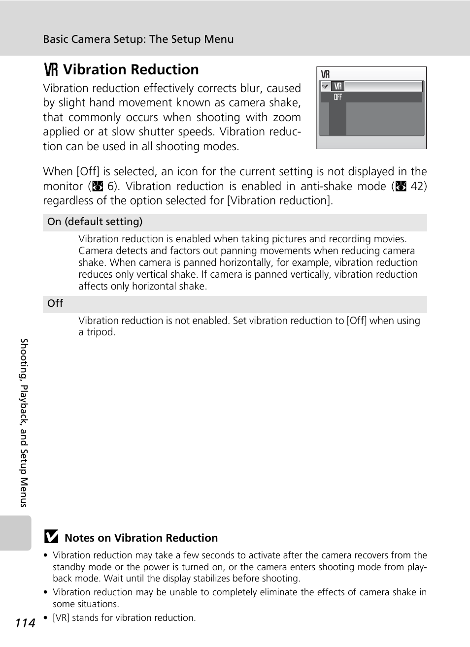 Vibration reduction, C 114), C 114 | Bvibration reduction | Nikon S50 User Manual | Page 126 / 156