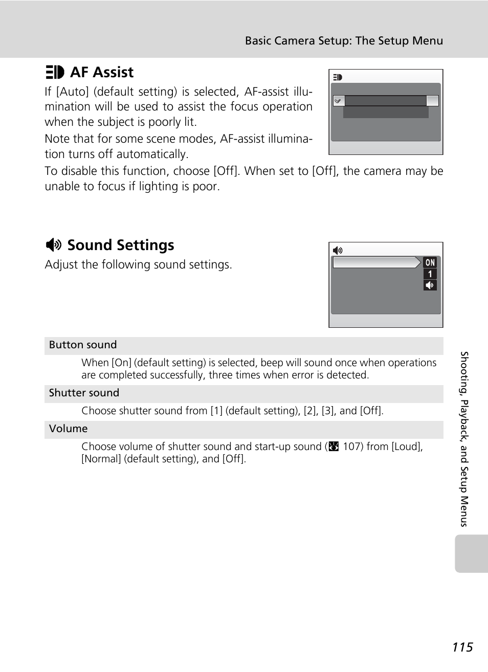 Af assist, Sound settings, C 115) | Uaf assist, Hsound settings | Nikon S50 User Manual | Page 127 / 156