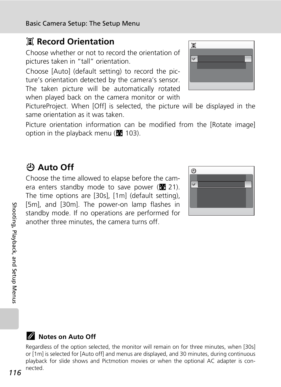 Record orientation, Auto off, Tes (c 116) | C 116), C 116) i, Irecord orientation, Iauto off | Nikon S50 User Manual | Page 128 / 156