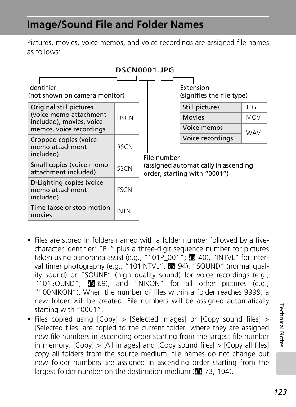 Image/sound file and folder names, C 123) | Nikon S50 User Manual | Page 135 / 156