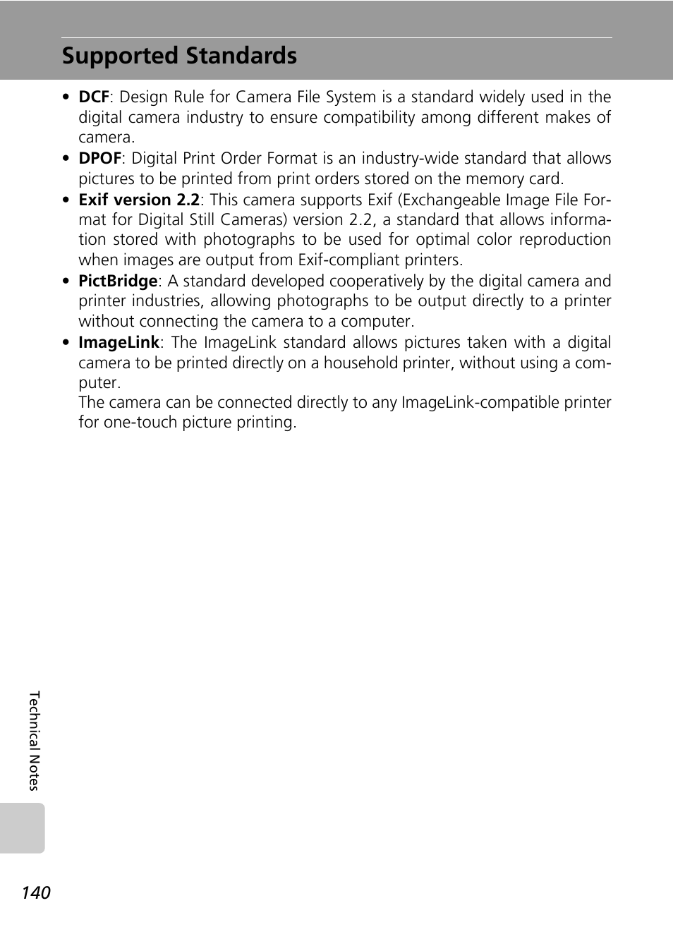 Supported standards, C 140) pri, E (c 140) | Nikon S50 User Manual | Page 152 / 156