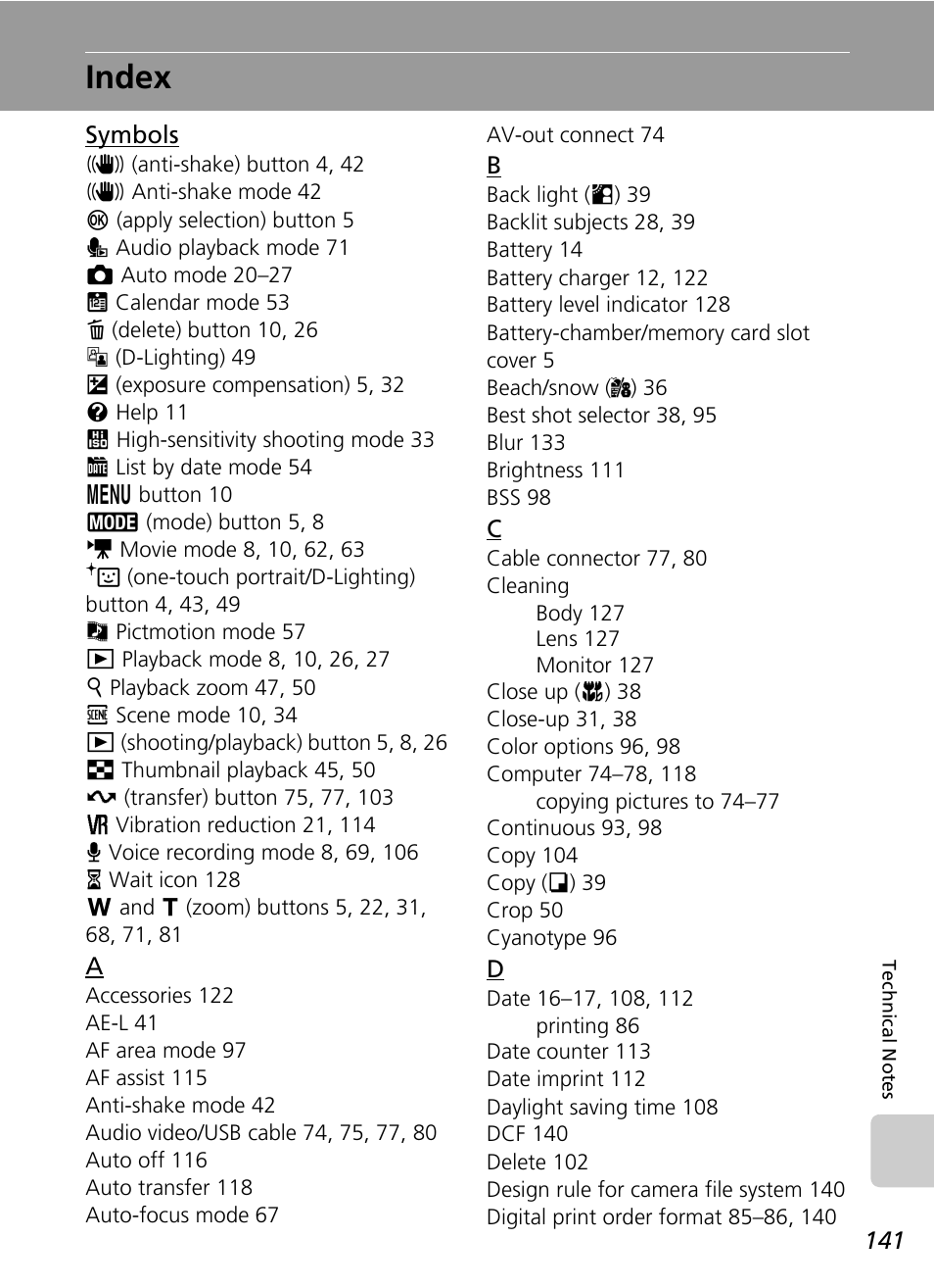 Index | Nikon S50 User Manual | Page 153 / 156