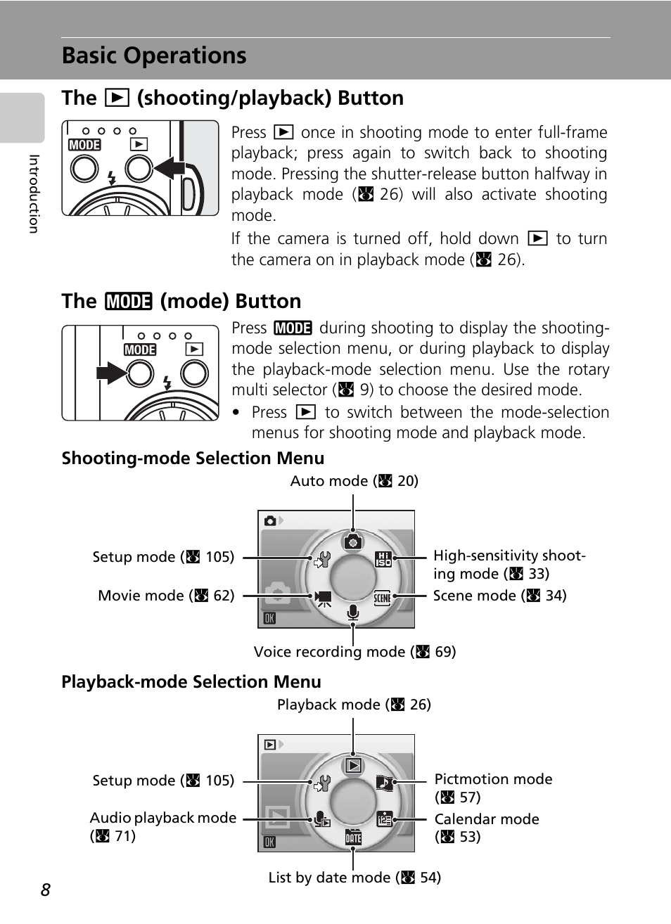 Basic operations, The (shooting/playback) button, The (mode) button | C 8) | Nikon S50 User Manual | Page 20 / 156