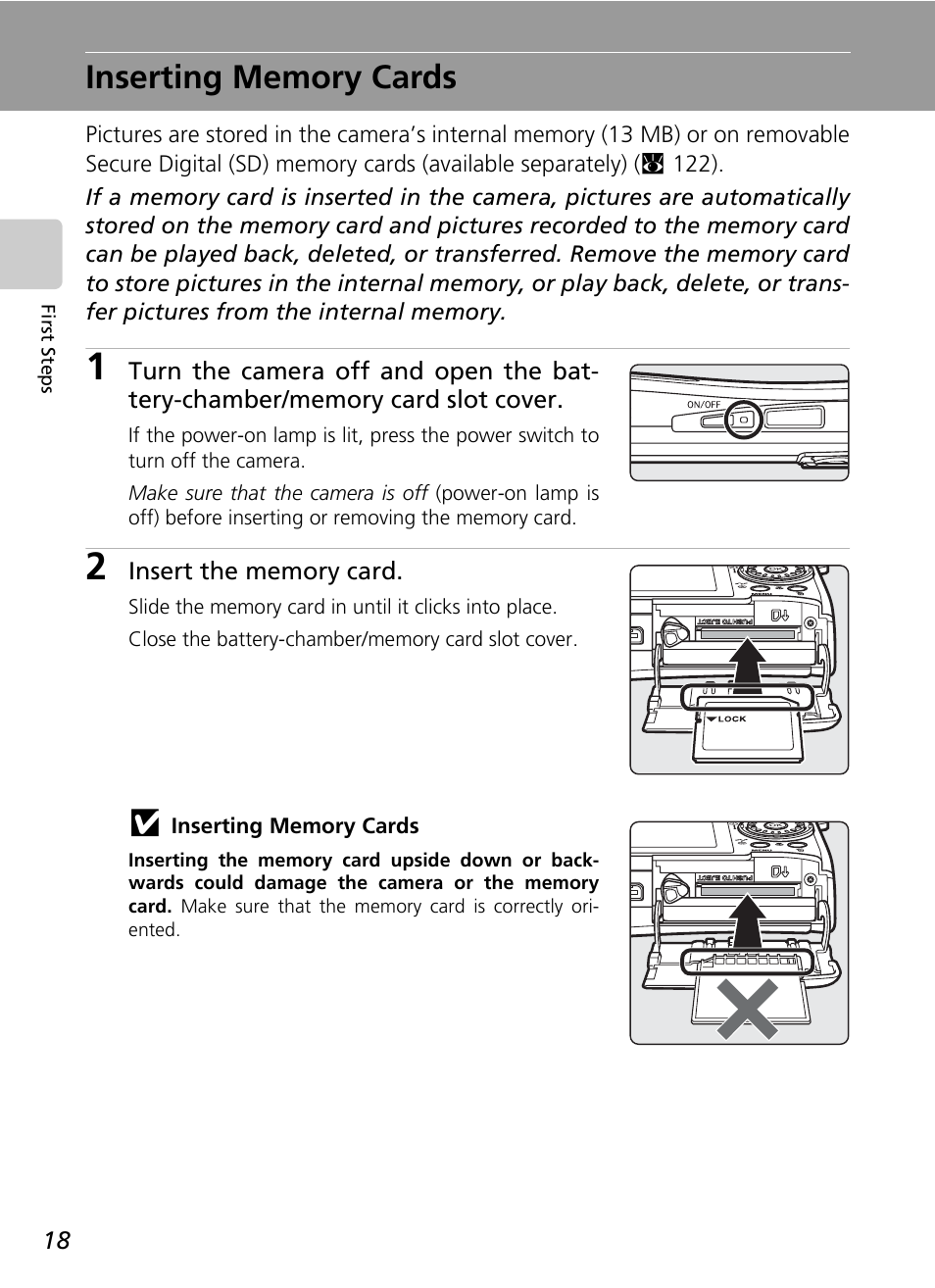 Inserting memory cards, C 18) | Nikon S50 User Manual | Page 30 / 156