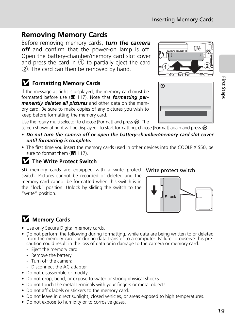 Removing memory cards | Nikon S50 User Manual | Page 31 / 156