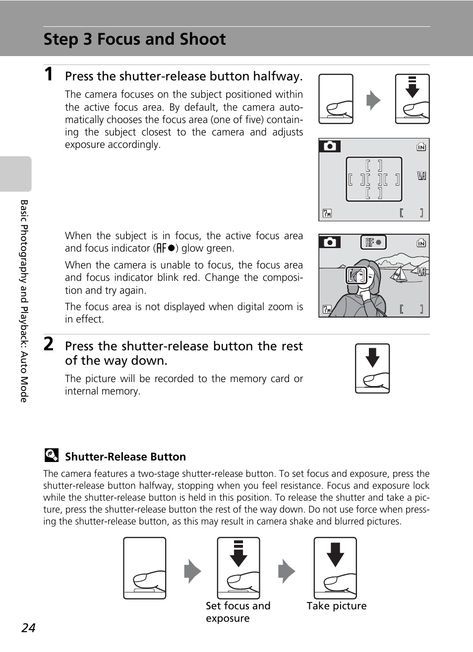 Step 3 focus and shoot, C 24, Press the shutter-release button halfway | Nikon S50 User Manual | Page 36 / 156