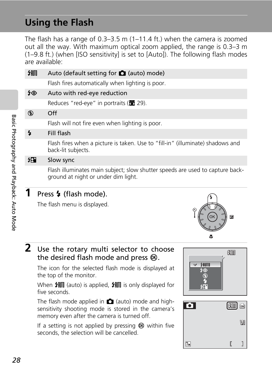 Using the flash, C 28), C 28 | Press j (flash mode) | Nikon S50 User Manual | Page 40 / 156