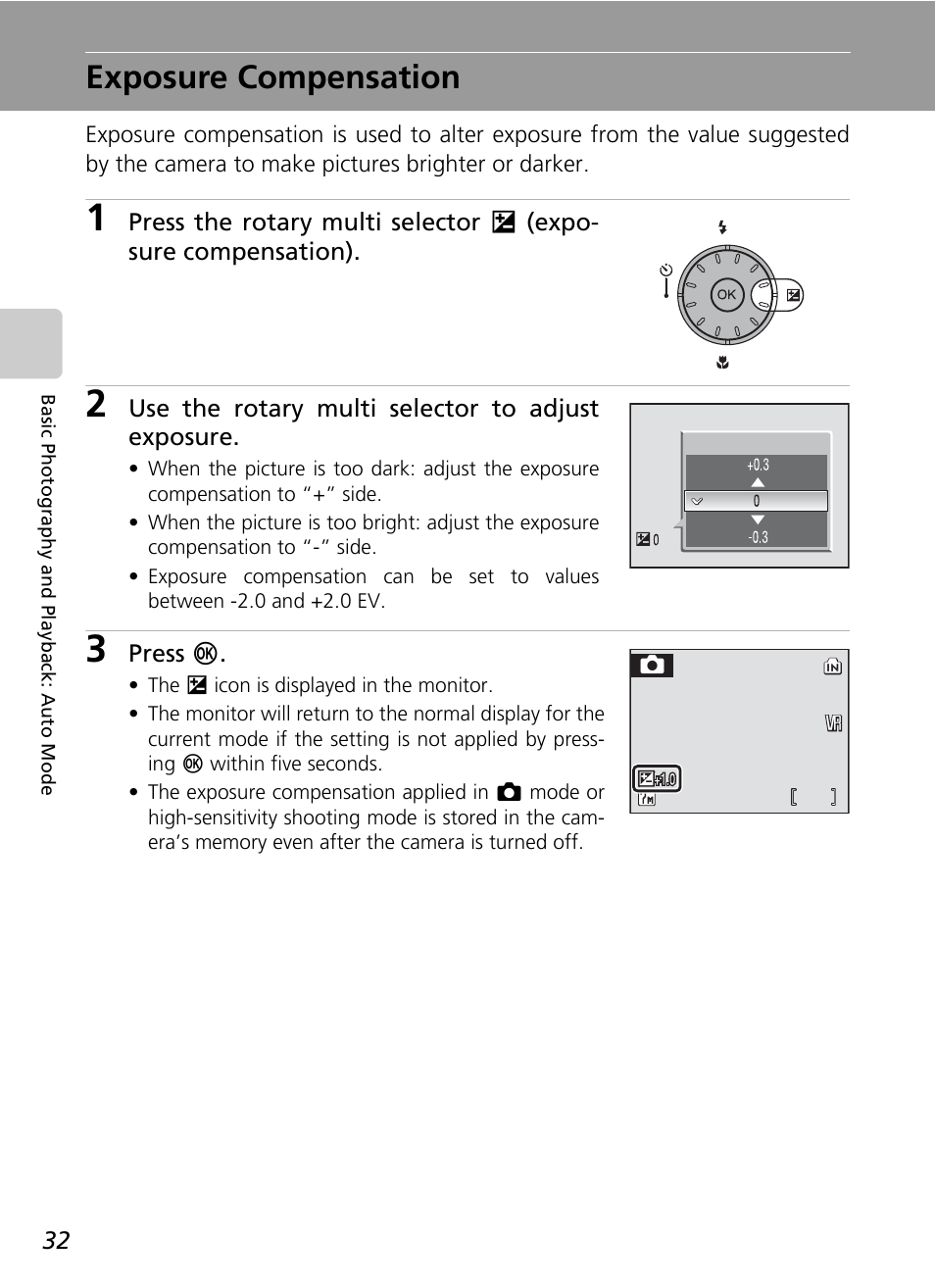 Exposure compensation, C 32, C 32) | Nikon S50 User Manual | Page 44 / 156