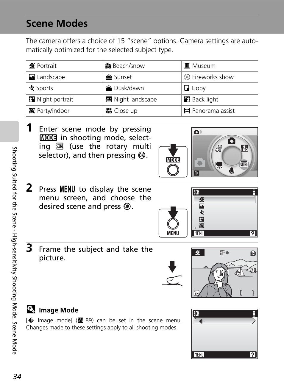 Scene modes, C 34, C 34) | Frame the subject and take the picture | Nikon S50 User Manual | Page 46 / 156