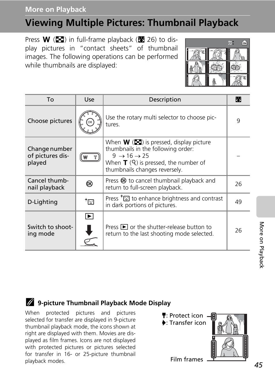 More on playback, Viewing multiple pictures: thumbnail playback, C 45 | Nikon S50 User Manual | Page 57 / 156