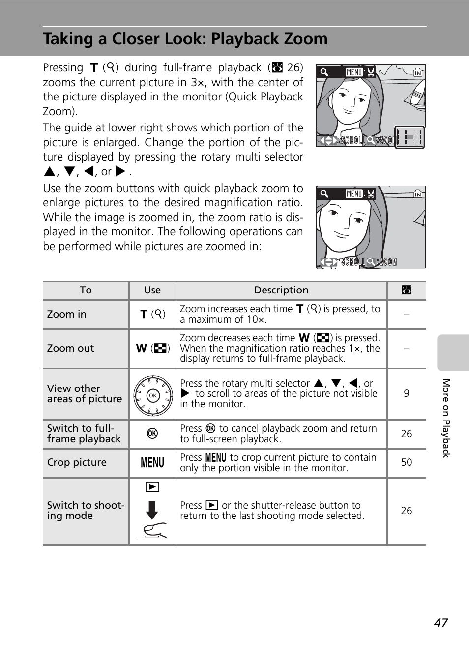 Taking a closer look: playback zoom, C 47, C 47) | Nikon S50 User Manual | Page 59 / 156