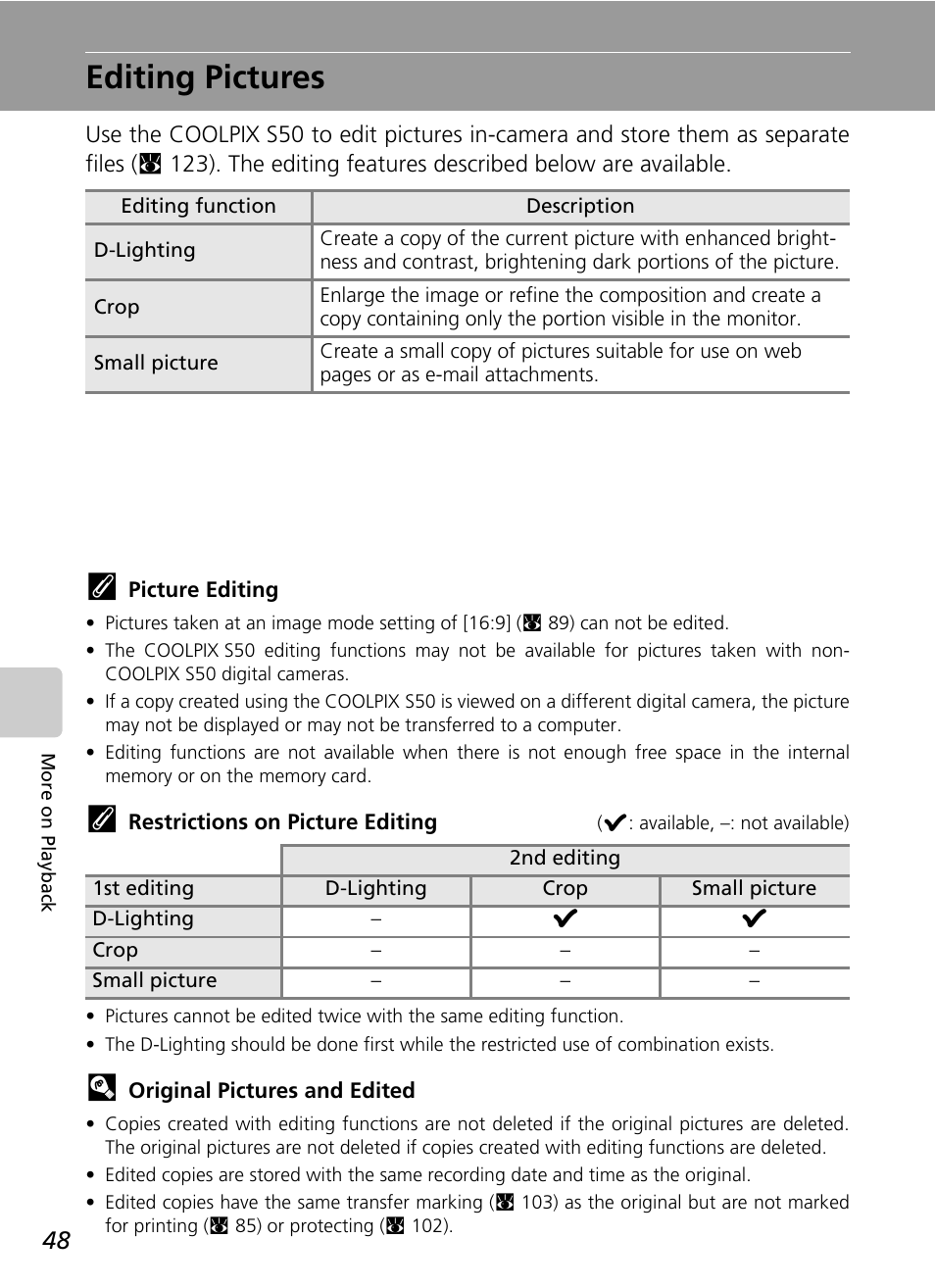 Editing pictures | Nikon S50 User Manual | Page 60 / 156