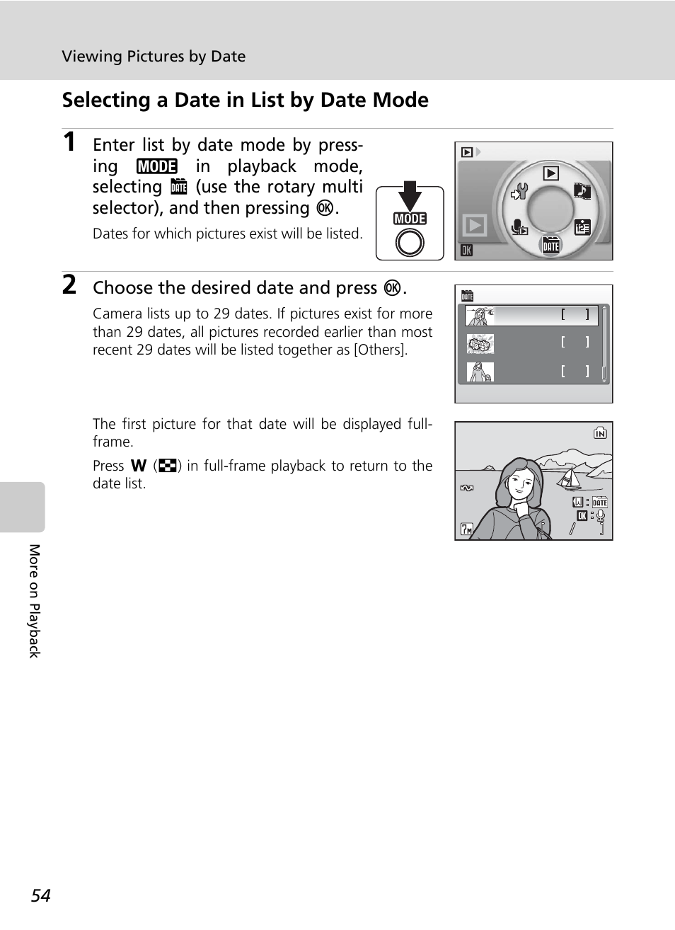 C 54), Selecting a date in list by date mode, Choose the desired date and press d | Nikon S50 User Manual | Page 66 / 156