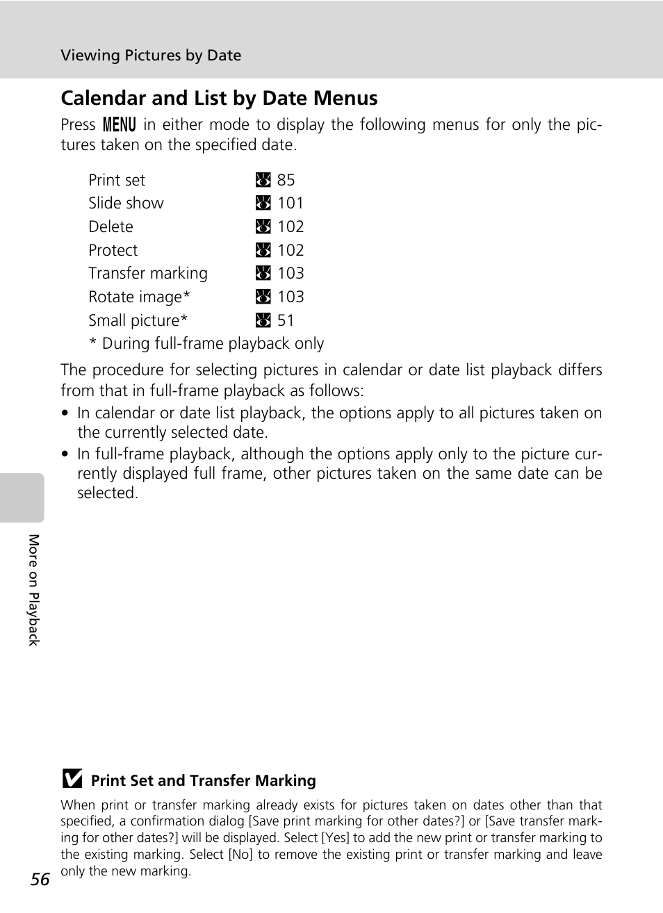C 56), Calendar and list by date menus | Nikon S50 User Manual | Page 68 / 156