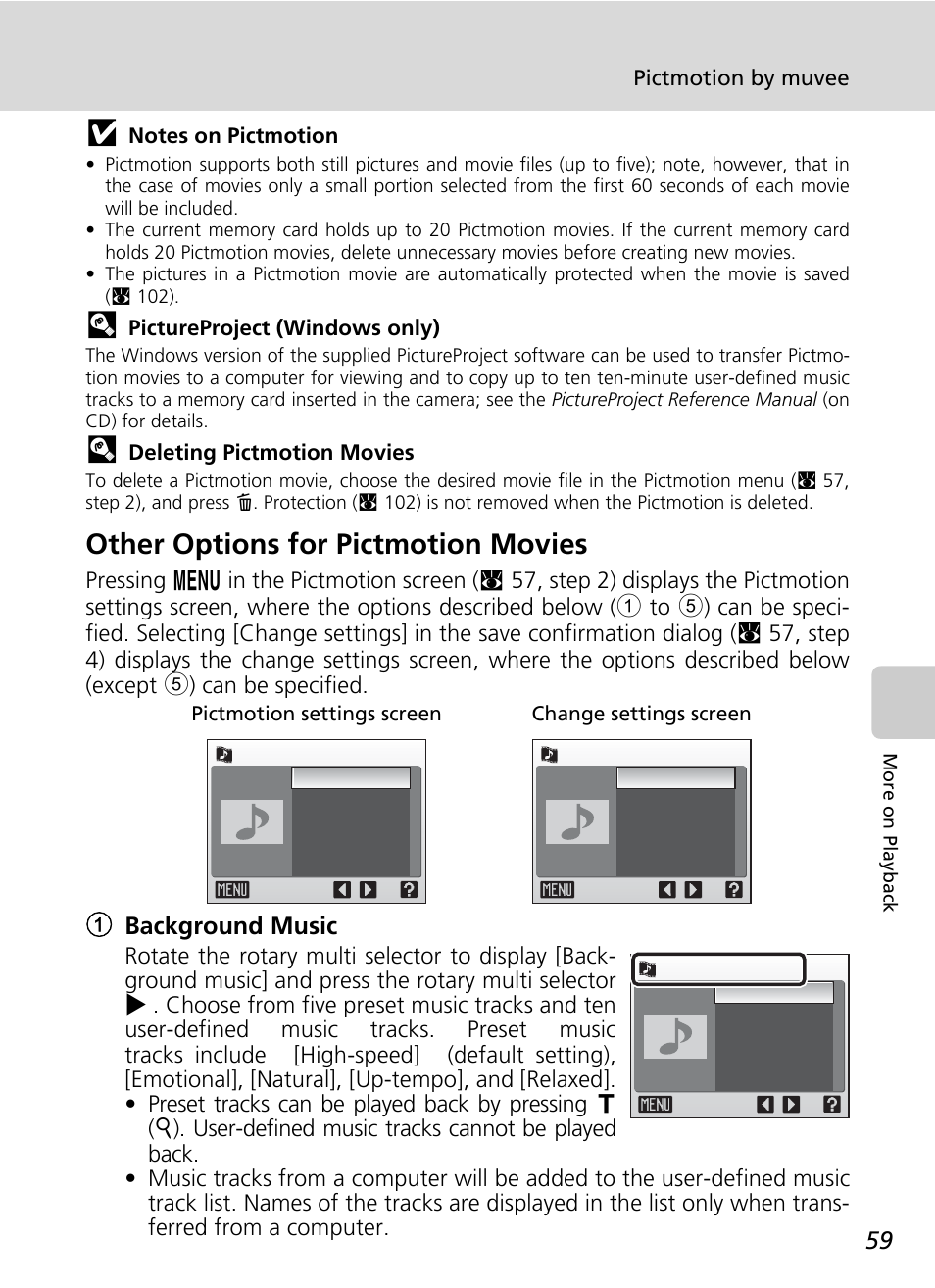 Other options for pictmotion movies, 1background music | Nikon S50 User Manual | Page 71 / 156