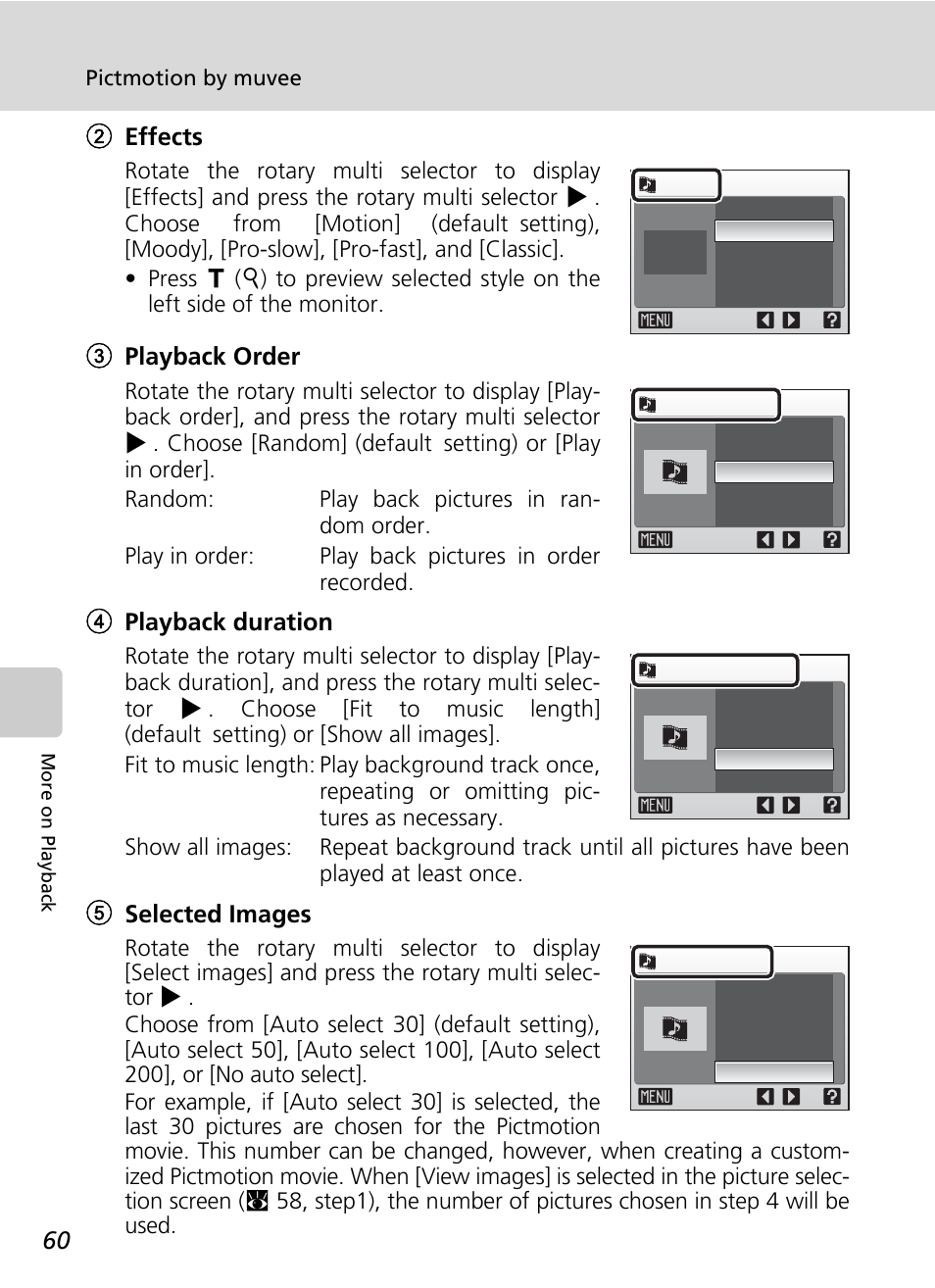 2effects, 3playback order, 4playback duration | 5selected images | Nikon S50 User Manual | Page 72 / 156
