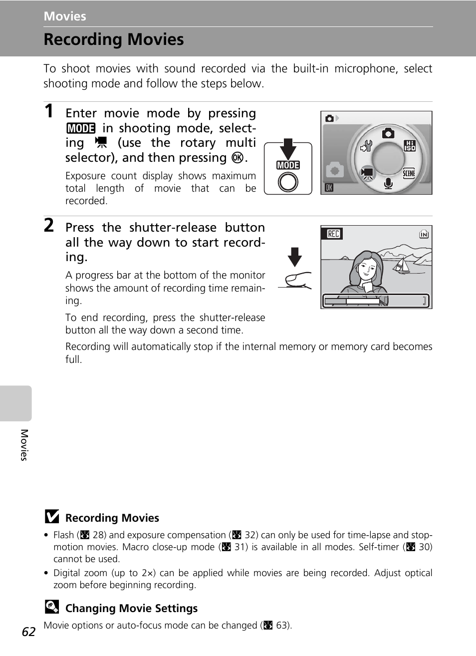 Movies, Recording movies, C 62 | Nikon S50 User Manual | Page 74 / 156