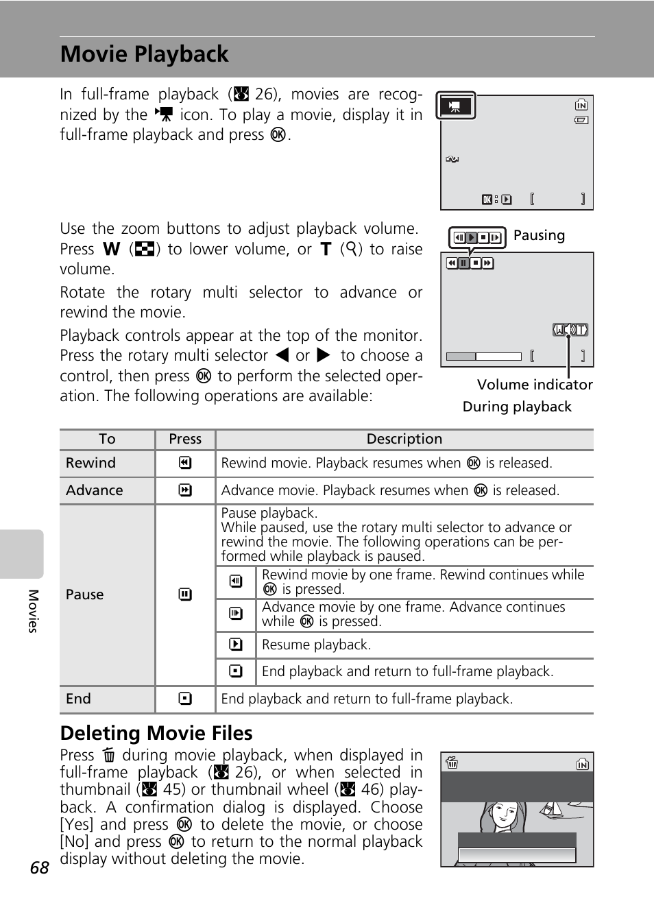 Movie playback, Deleting movie files | Nikon S50 User Manual | Page 80 / 156