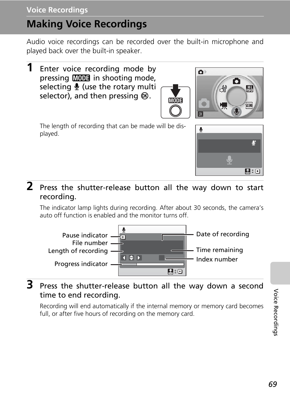 Voice recordings, Making voice recordings, C 69 | C 69) | Nikon S50 User Manual | Page 81 / 156