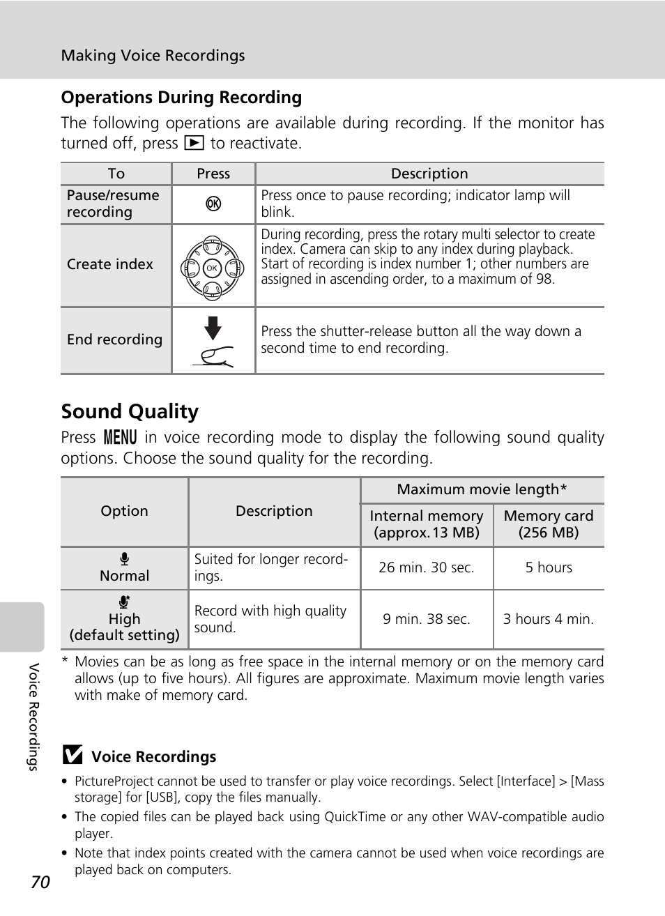 Sound quality, Operations during recording | Nikon S50 User Manual | Page 82 / 156