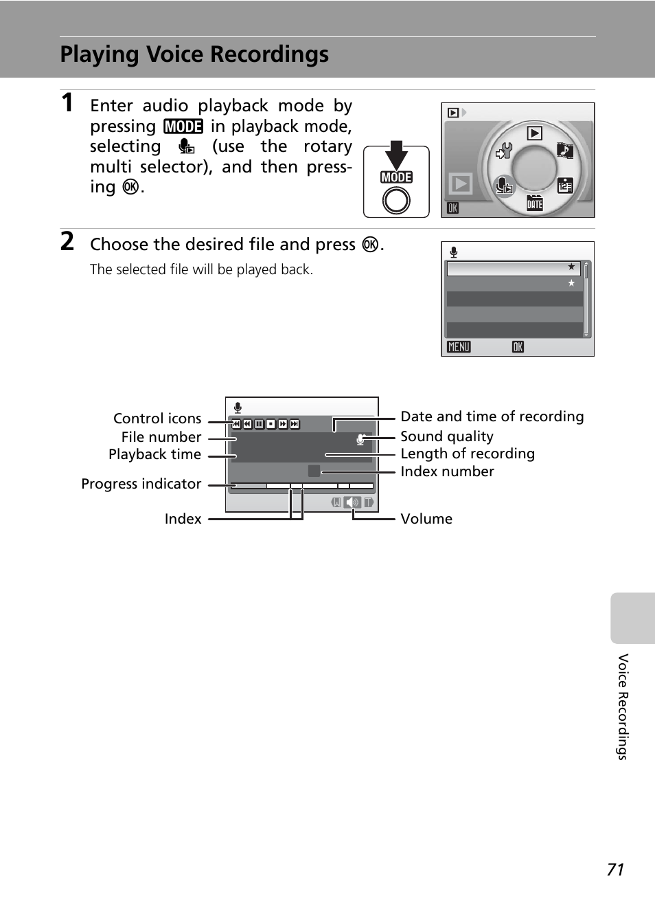 Playing voice recordings, C 71), Choose the desired file and press d | Nikon S50 User Manual | Page 83 / 156