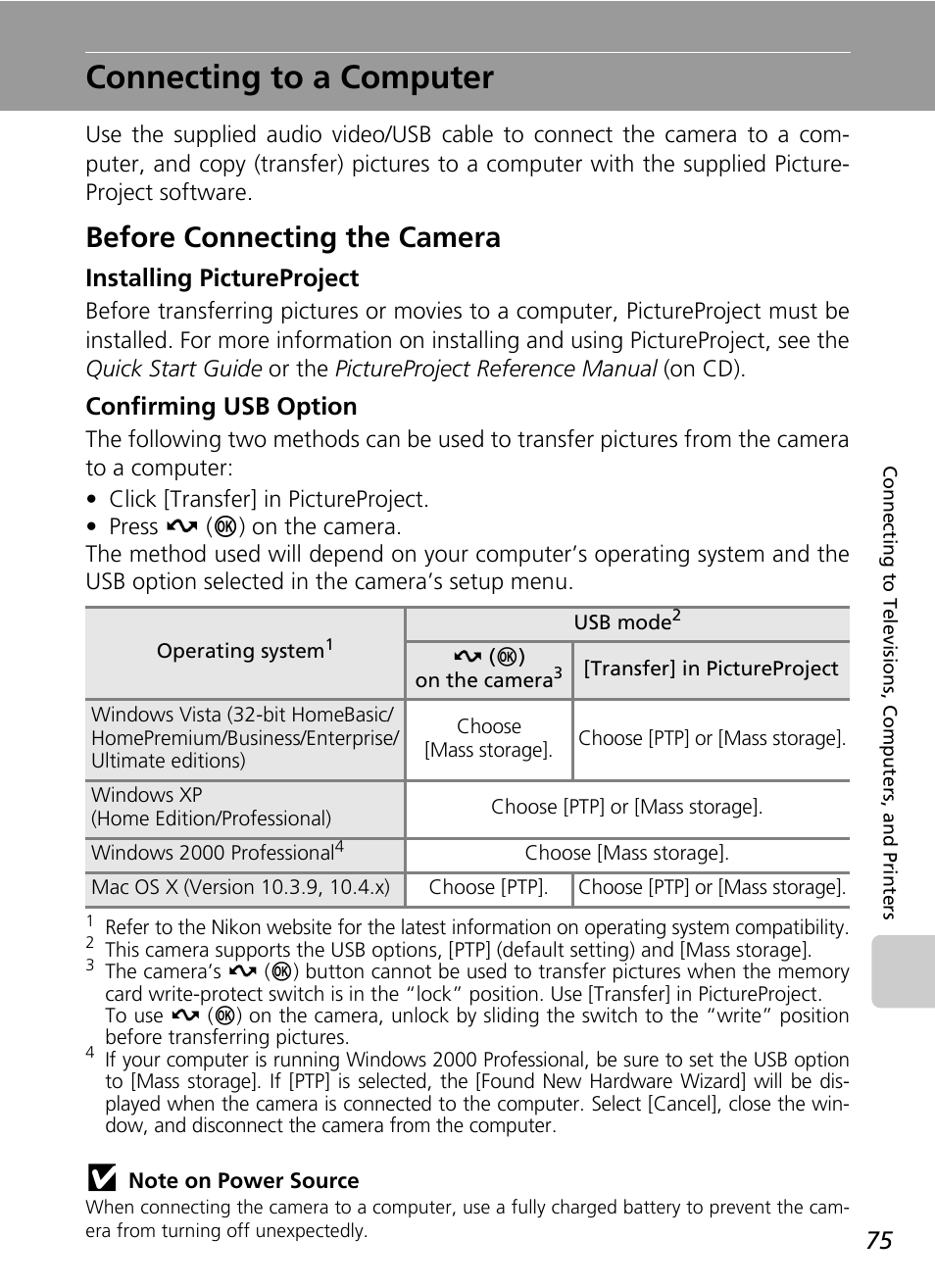 Connecting to a computer, Before connecting the camera, Installing pictureproject | Confirming usb option | Nikon S50 User Manual | Page 87 / 156