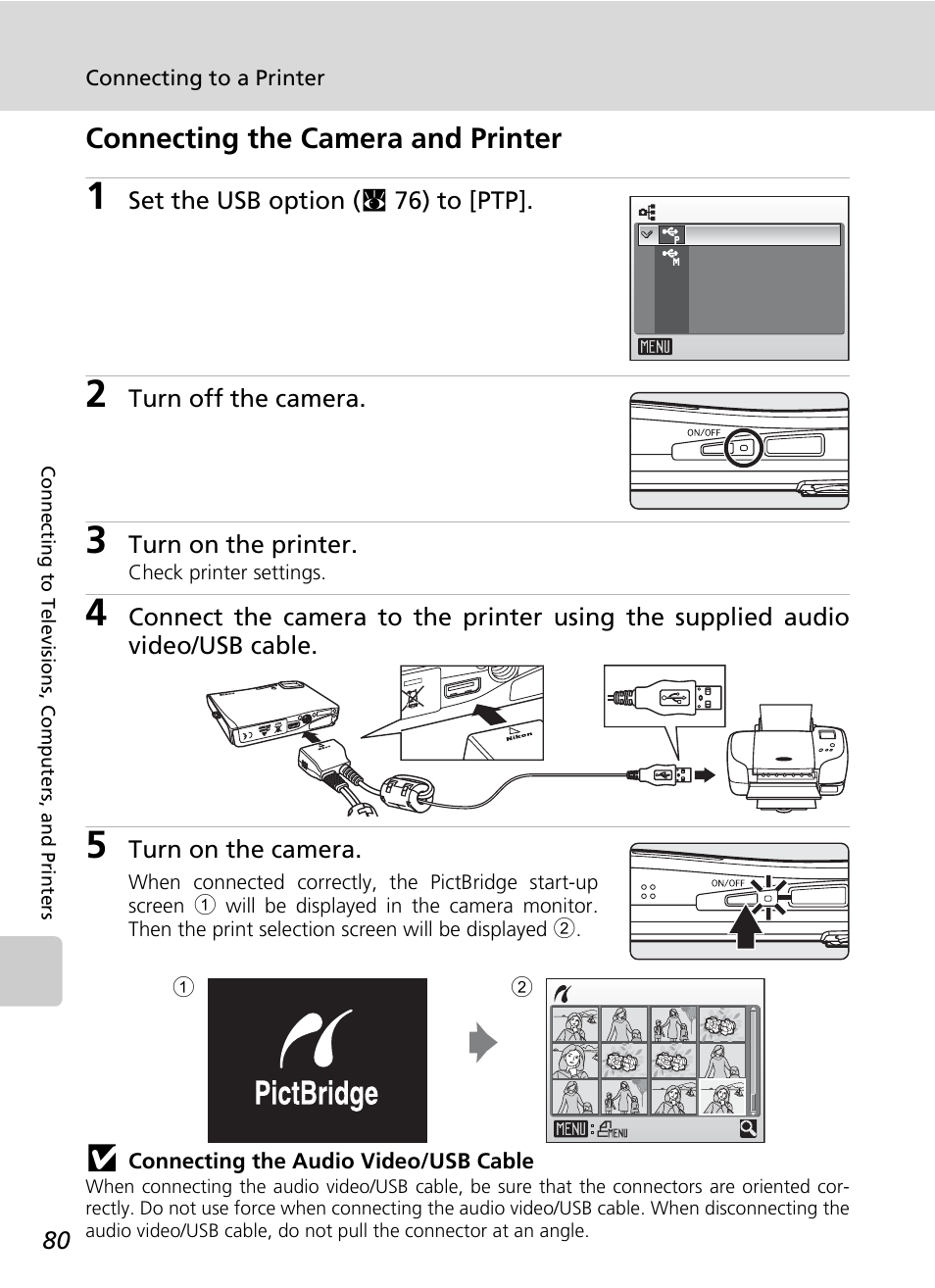 Connecting the camera and printer, R (c 80) | Nikon S50 User Manual | Page 92 / 156