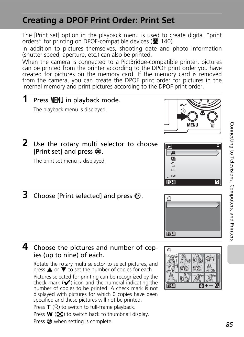 Creating a dpof print order: print set, Print set, Ting (c 85) or pro | C 85) | Nikon S50 User Manual | Page 97 / 156