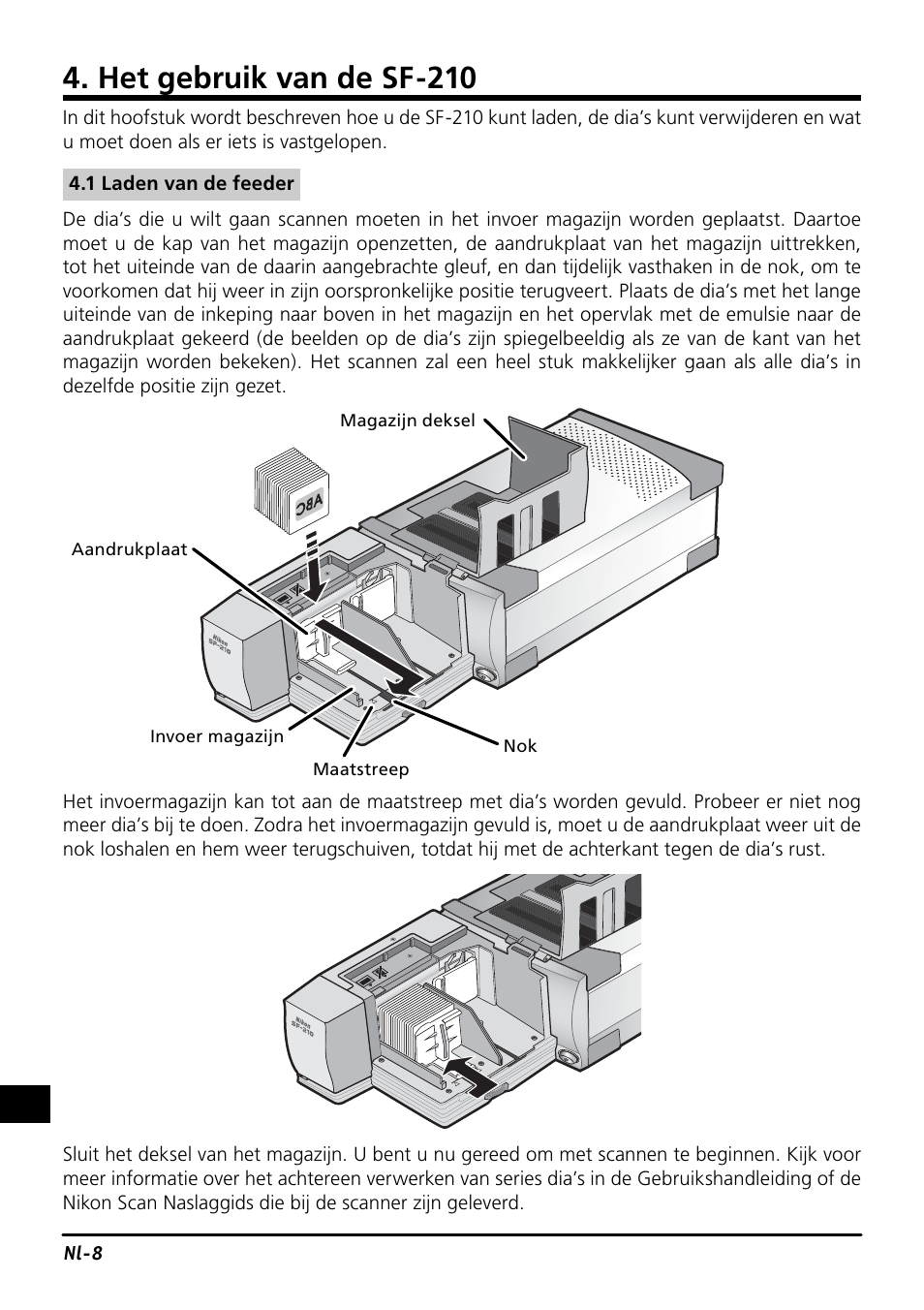 Het gebruik van de sf-210 | Nikon SF-210 Slide Feeder Adapter User Manual | Page 128 / 155