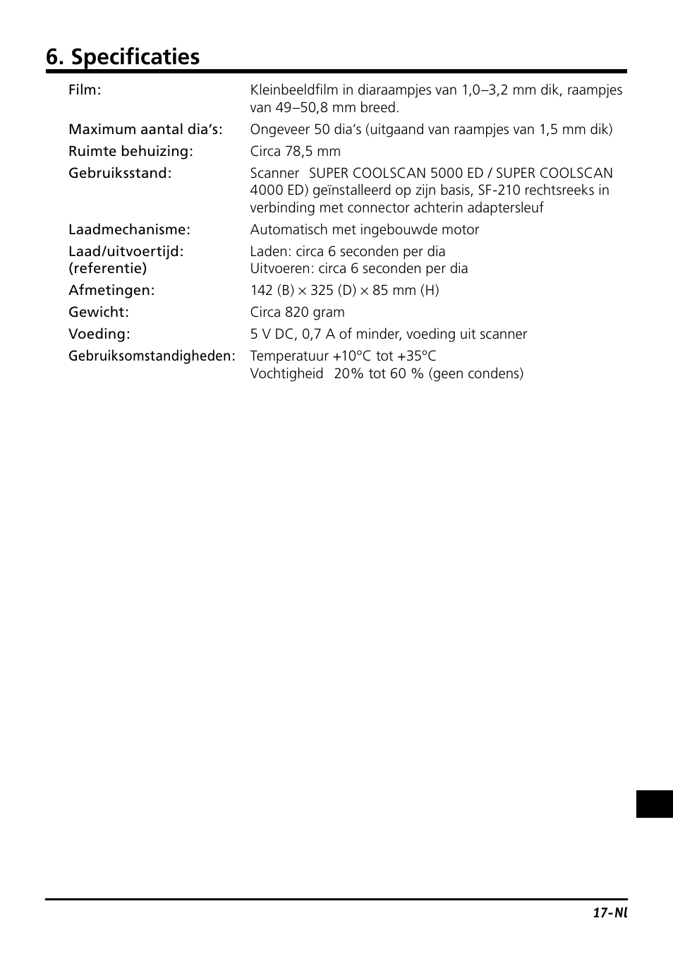 Specifi caties | Nikon SF-210 Slide Feeder Adapter User Manual | Page 137 / 155