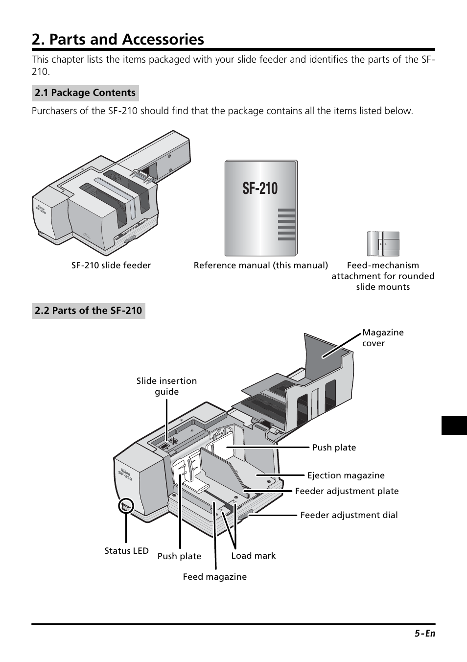 Parts and accessories, Sf-210 | Nikon SF-210 Slide Feeder Adapter User Manual | Page 23 / 155
