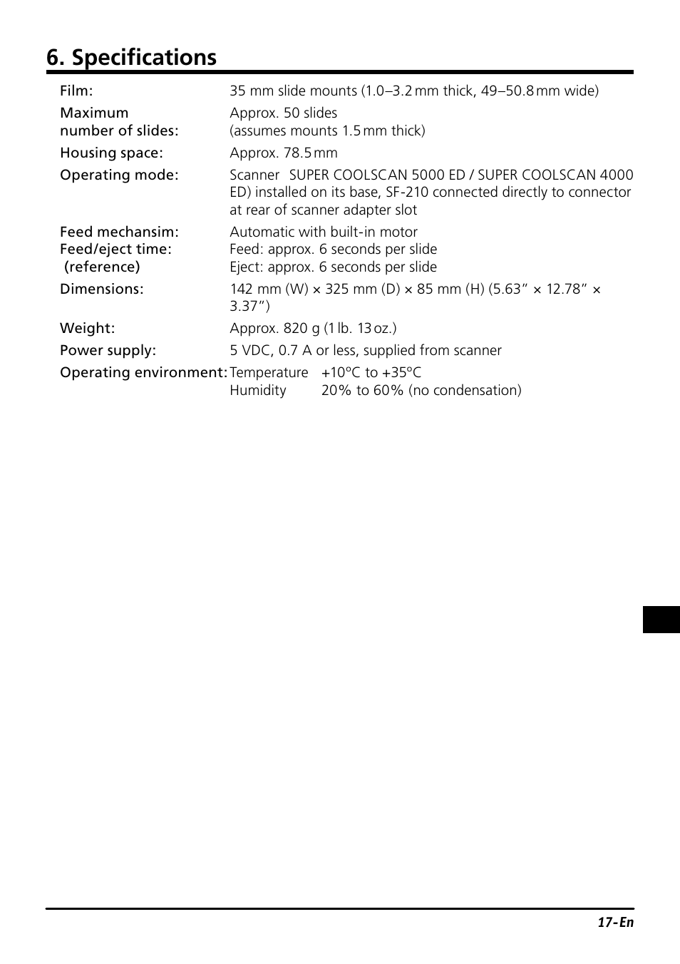 Specifi cations | Nikon SF-210 Slide Feeder Adapter User Manual | Page 35 / 155