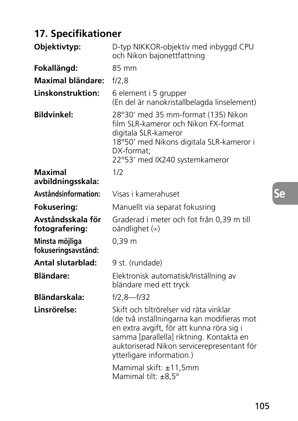 Specifikationer | Nikon PC-E Micro NIKKOR 85mm f-2.8D User Manual | Page 105 / 251
