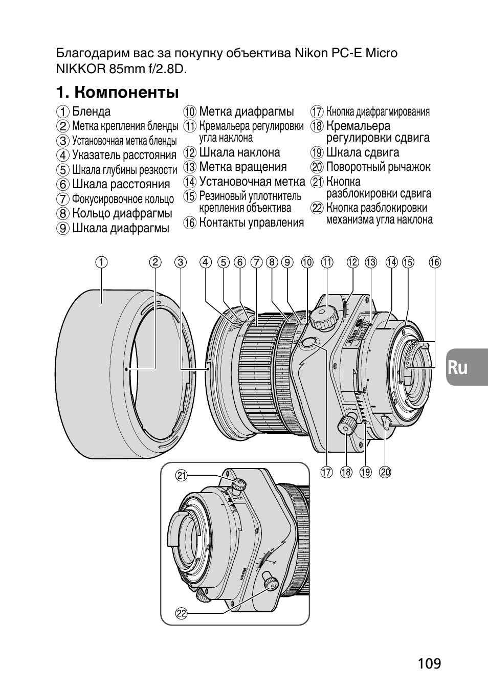 Компоненты | Nikon PC-E Micro NIKKOR 85mm f-2.8D User Manual | Page 109 / 251