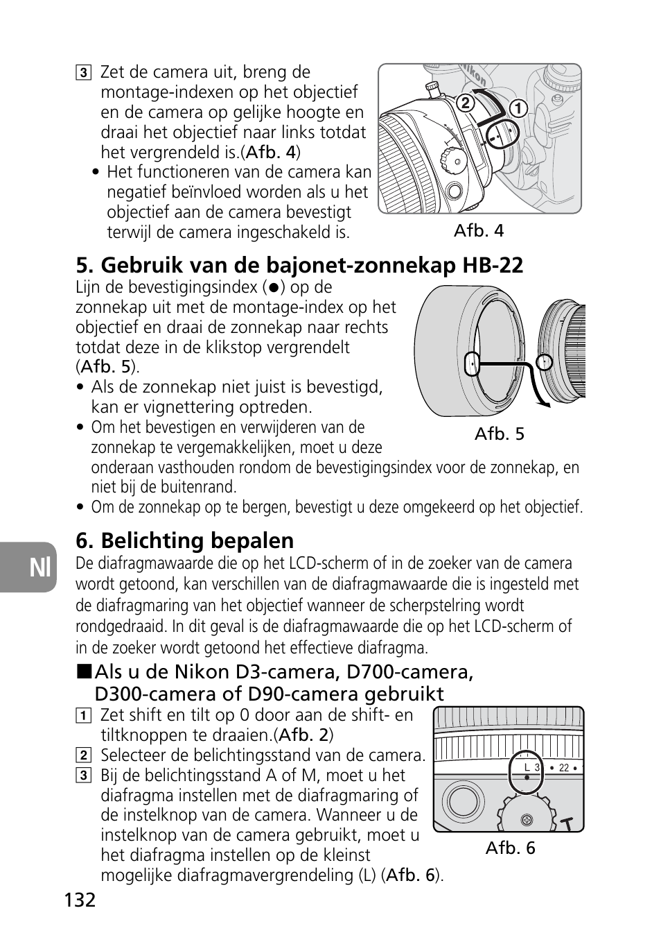 Gebruik van de bajonet-zonnekap hb-22, Belichting bepalen | Nikon PC-E Micro NIKKOR 85mm f-2.8D User Manual | Page 132 / 251