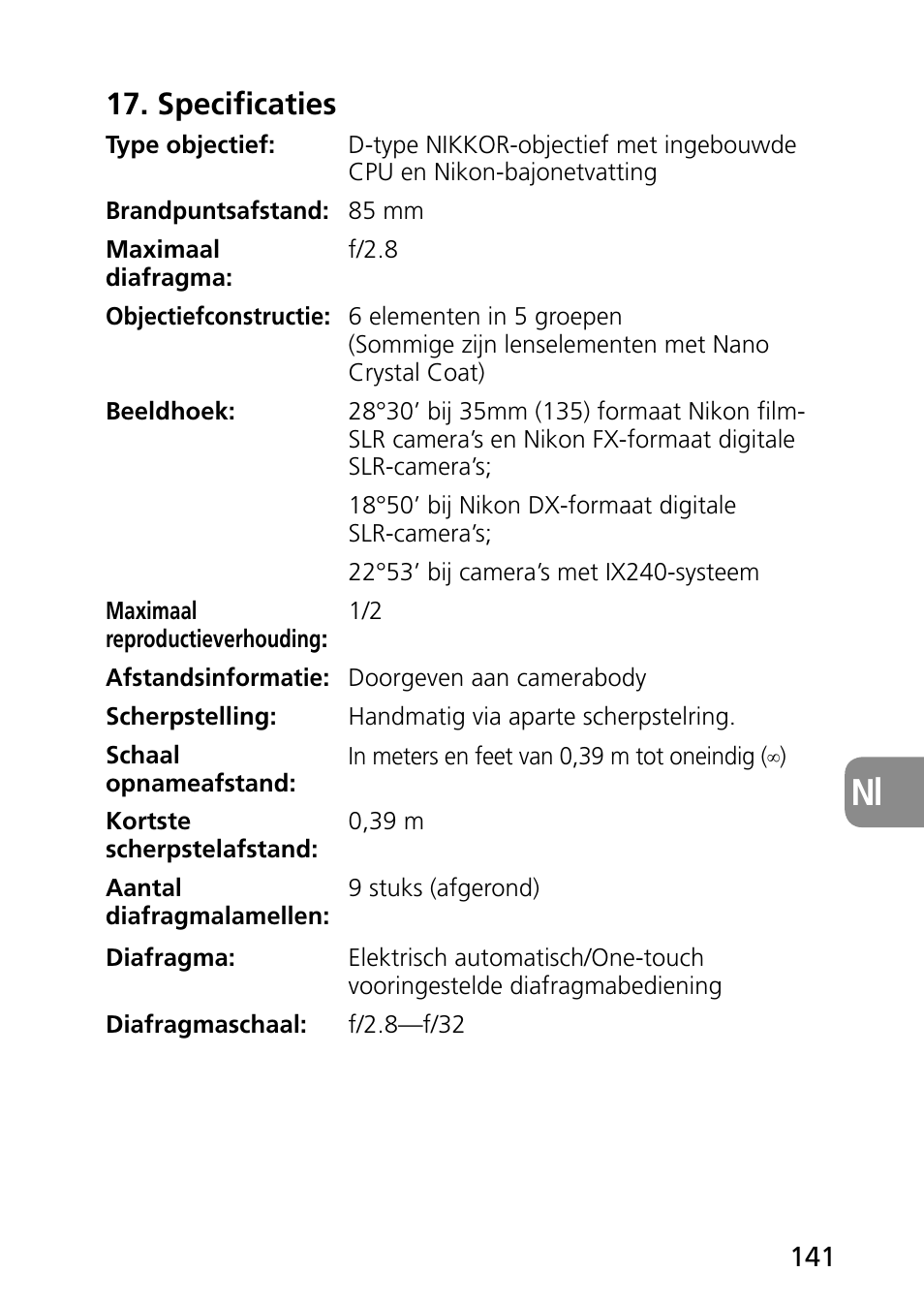Specificaties | Nikon PC-E Micro NIKKOR 85mm f-2.8D User Manual | Page 141 / 251