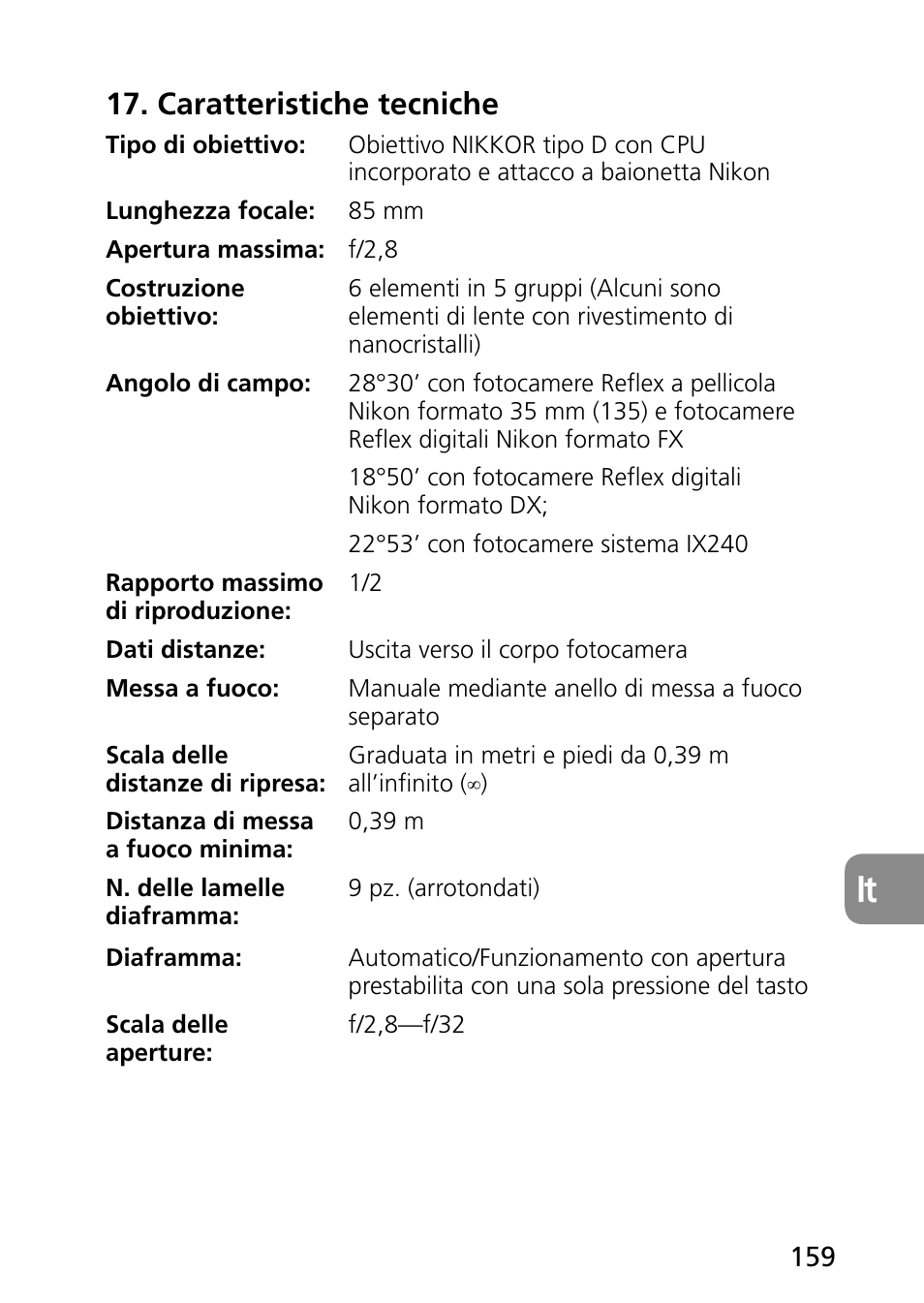 Caratteristiche tecniche | Nikon PC-E Micro NIKKOR 85mm f-2.8D User Manual | Page 159 / 251