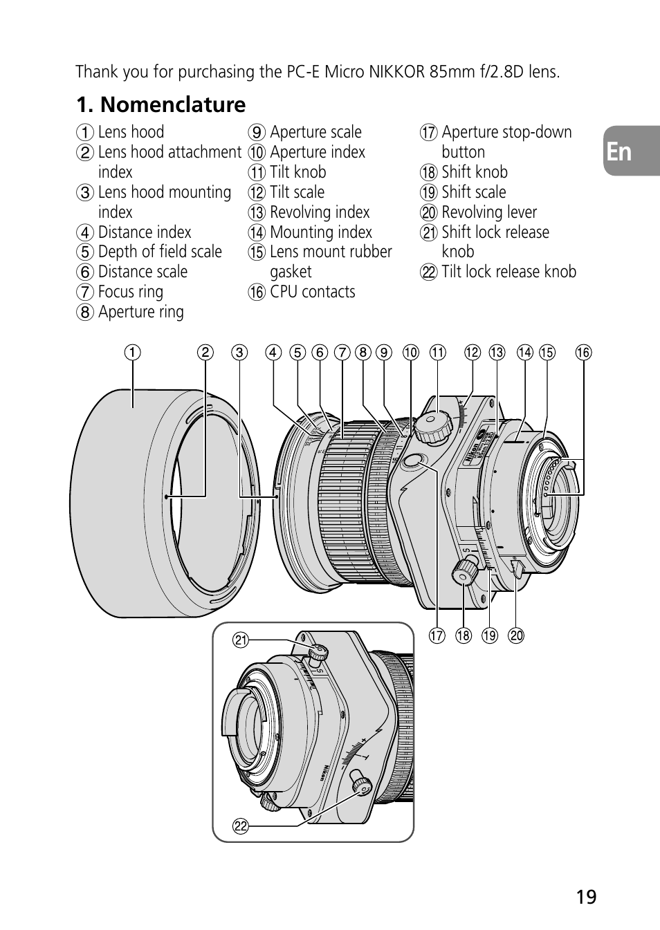 Nomenclature | Nikon PC-E Micro NIKKOR 85mm f-2.8D User Manual | Page 19 / 251