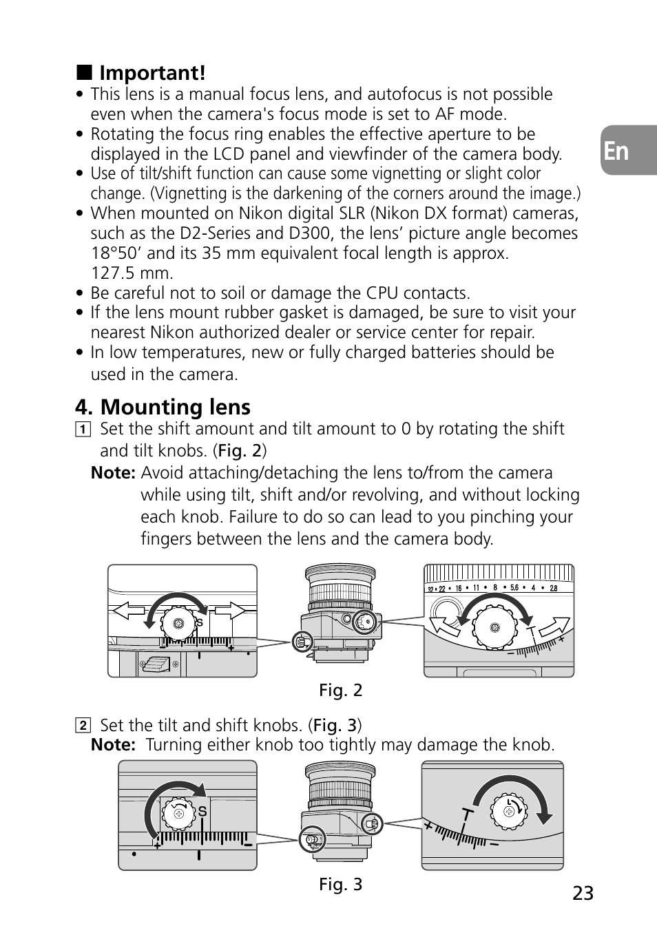 Mounting lens | Nikon PC-E Micro NIKKOR 85mm f-2.8D User Manual | Page 23 / 251