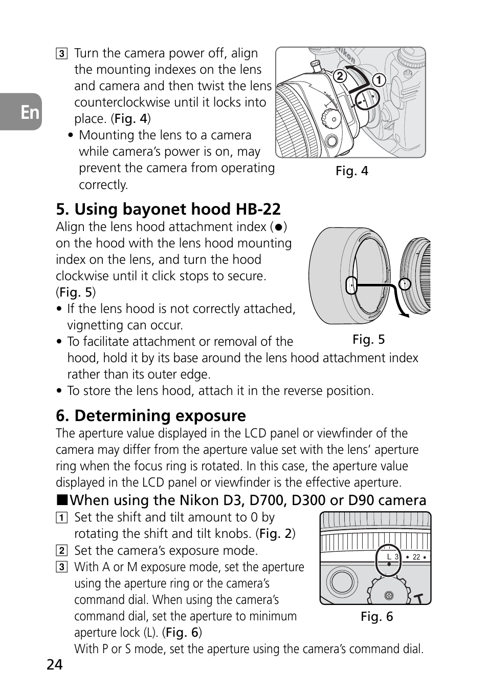 Using bayonet hood hb-22, Determining exposure | Nikon PC-E Micro NIKKOR 85mm f-2.8D User Manual | Page 24 / 251