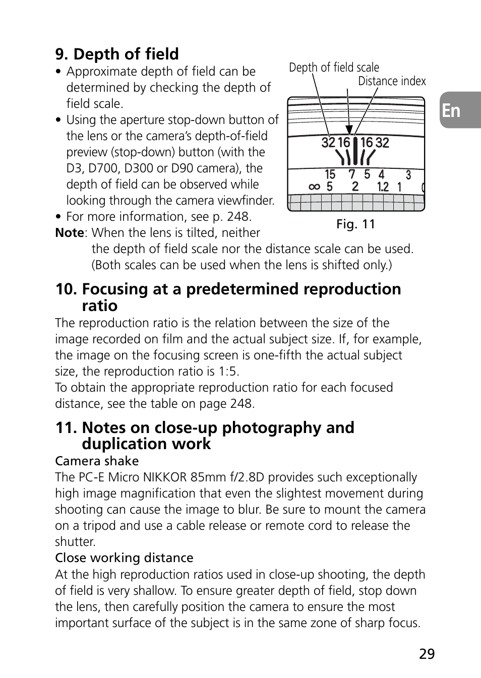 Depth of field, Focusing at a predetermined reproduction ratio | Nikon PC-E Micro NIKKOR 85mm f-2.8D User Manual | Page 29 / 251