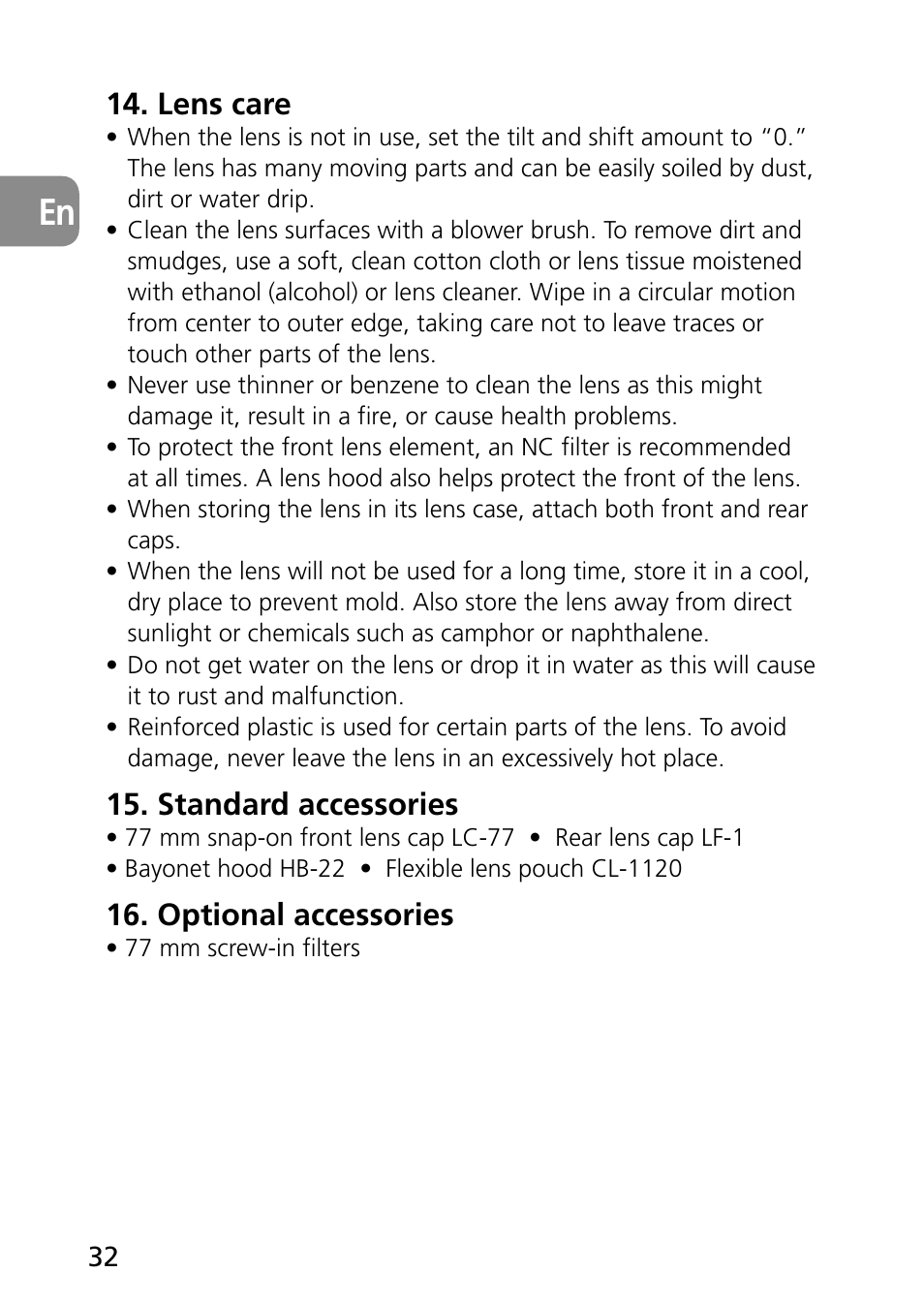 Lens care, Standard accessories, Optional accessories | Nikon PC-E Micro NIKKOR 85mm f-2.8D User Manual | Page 32 / 251